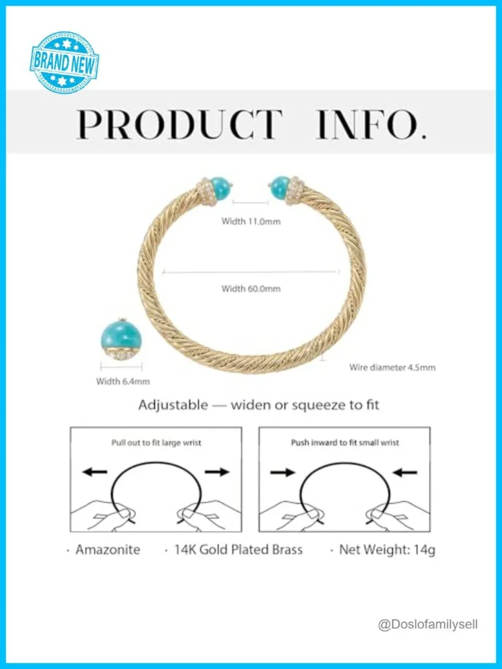 14K Gold Plated Cuff Bracelet, Stackable Twist Bangle, Waterproof